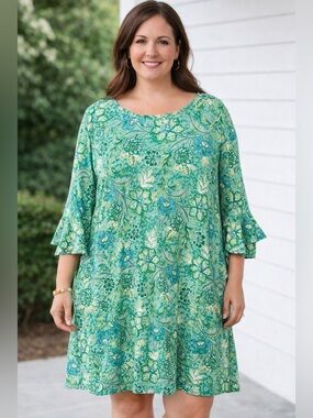 NWOT Ruby Rd. Green Floral Tunic Dress Bell Sleeve Boho Casual Spring Summer XLP
